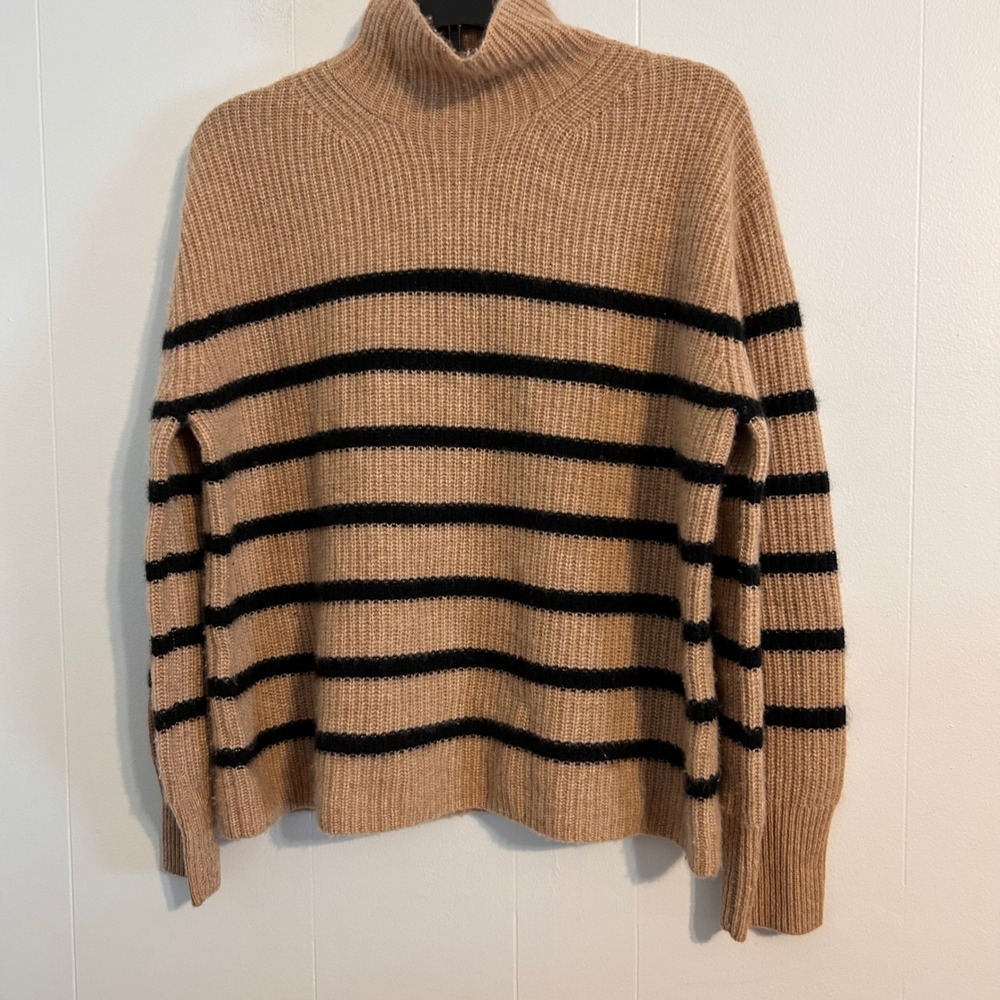 Nordstrom 100% Cashmere Mock Neck Ribbed Striped Sweater Tan Black Medium